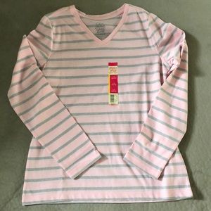 Faded Glory Top Girls Size 10/12 Pink Gray Striped Long Sleeve Shirt V-Neck NWT